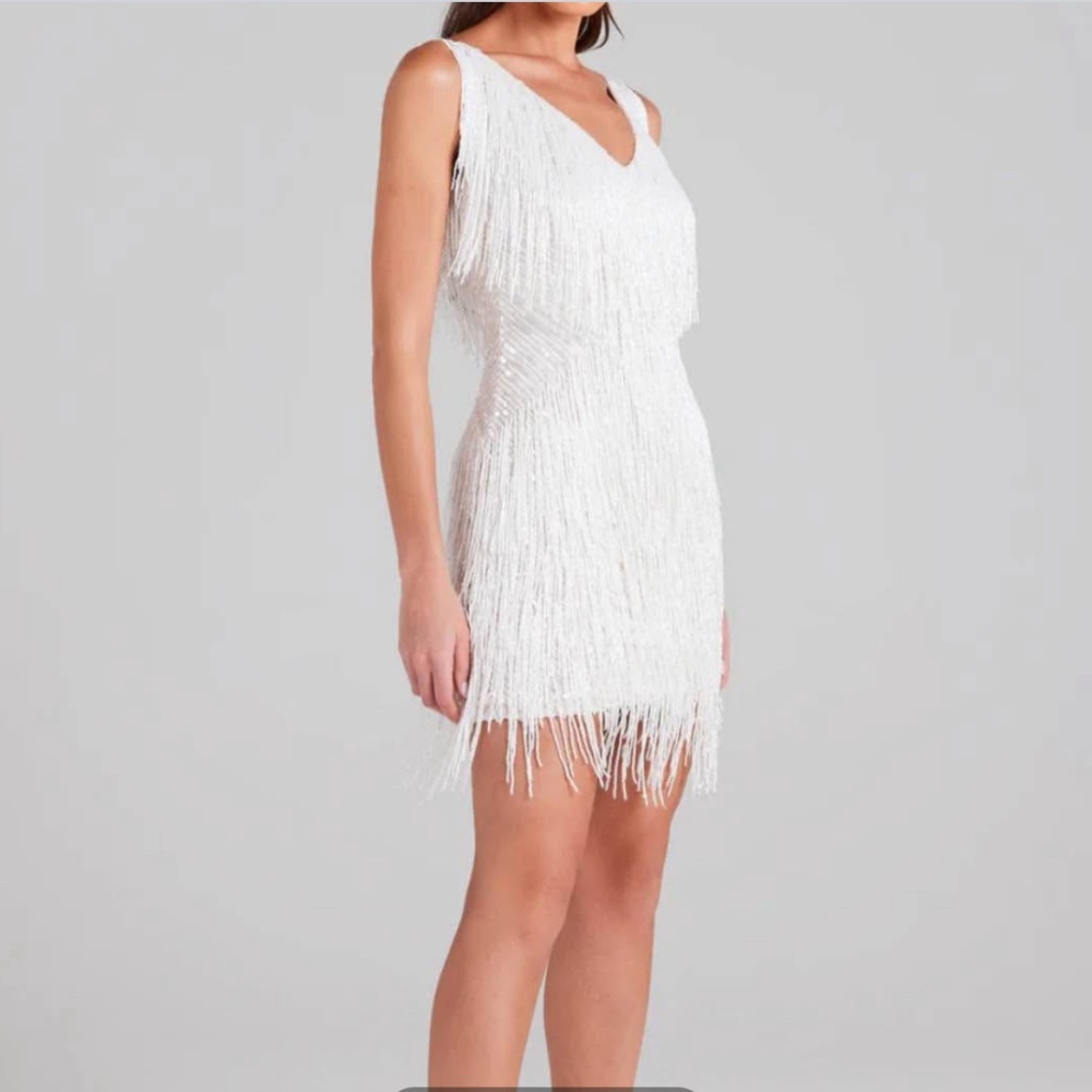 Nadine Merabi White Beaded Fringe Mini Dress XS – Bridal Reception